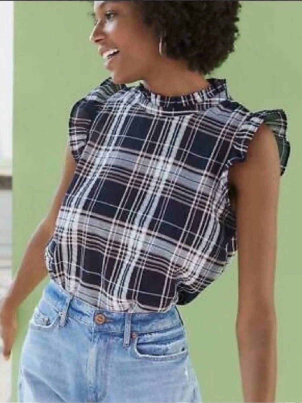 Ann Taylor LOFT Navy & White Plaid Ruffle-Sleeve Blouse Western Preppy